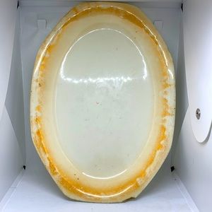 Homer Laughlin 1920’s small plater. Yellow-ish colored trim.  Chips and wear.